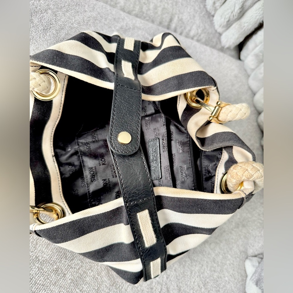 Michael Kors Striped Black and Cream Canvas Tote with Rope Handles - Picture 5 of 11